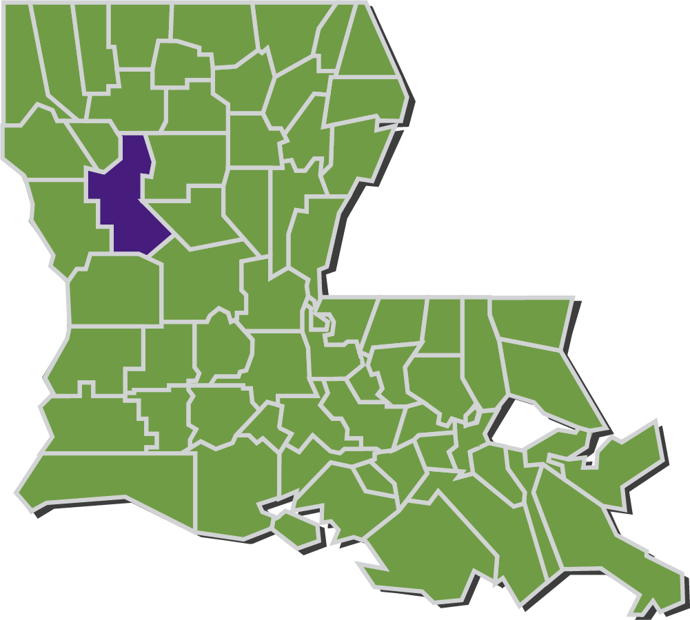 Map of Louisiana parishes with Natchitoches parish highlighted in purple.
